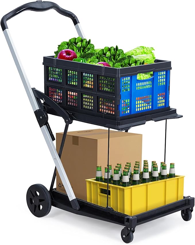 Foldable Shopping Cart with 2 Storage Crates – 2-Tier Collapsible Utility Cart, Aluminum Trolley with 360° Rolling Swivel Wheels & Removable Baskets for Groceries, Office, Travel, Apartment