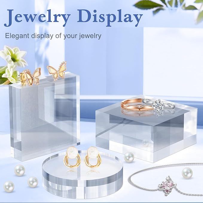 Acrylic Blocks 3 X 3 X 1 Inch 4 Pcs Acrylic Base Stand for Display Clear Block Square Riser Display Stands Pedestal Polished Cube for Jewelry trophy Props Collection Ring