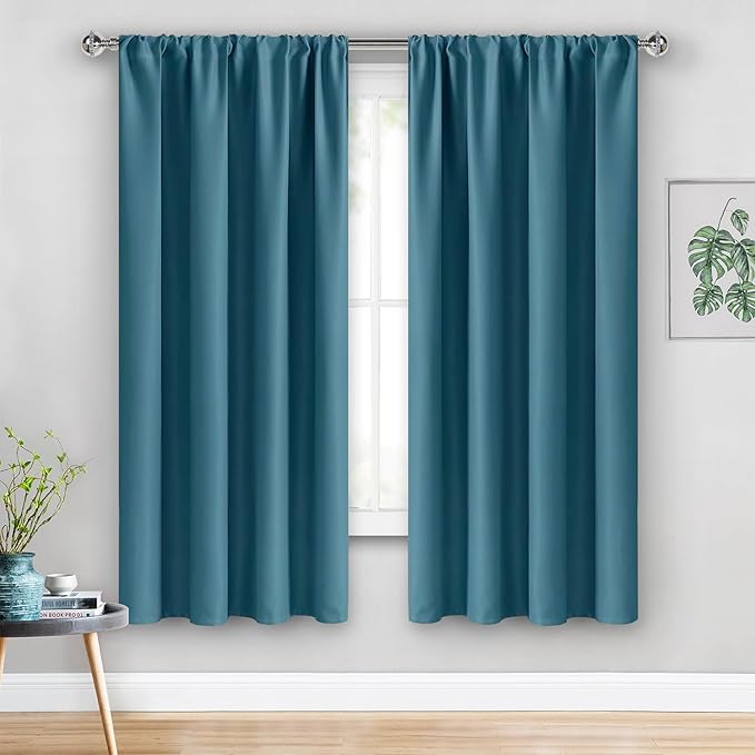 JIUZHEN Blackout Curtains for Bedroom/Living Room - Thermal Insulated Room Darkening Rod Pocket Curtains for Living Room, Set of 2 Panels with Tiebacks, 42 x 63 Inch Length, Stone Blue