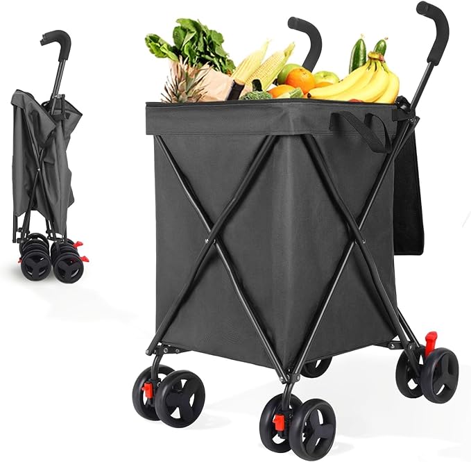 27 Gal/180 LBS Capacity Shopping Cart, Upgrade Huge Grocery Cart on Wheels,Heavy Duty Foldable Utility 360° Rolling Swivel Wheels for Shopping Picnic Groceries Laundry (Black)