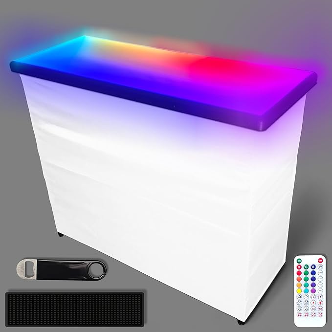 Commercial Grade Glowing Premium Portable Bar Table w/Mobile App, Wireless Remote, Bluetooth Connectivity, Folding Legs, Black Fabric Bar Skirt, 2 Storage Shelves & 2 Carrying Cases - White Skirt