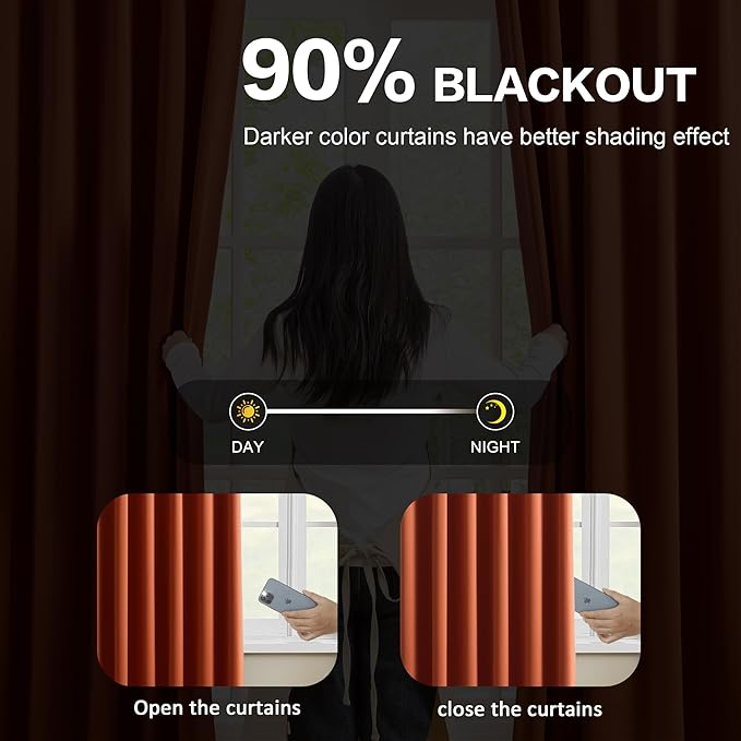 KEQIAOSUOCAI 96 Inch Copper Burnt Orange Blackout Curtains for Living Room 2 Panels Sets,Pinch Pleat with Hooks, Thermal Pleated Window Drapes Boho Rustic 70s Curtain for Bedroom W40 x L96