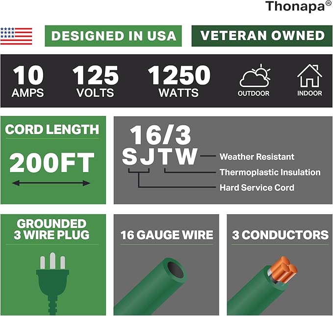 Green Outdoor Extension Cord 200 FT- 16/3 SJTW Weatherproof Extra Long Extension Cable with 3 Prong Grounded Plug - Great for Outdoor Lights Decoration, Landscaping, Lawn & Gardens