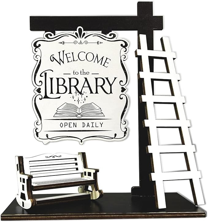 Welcome to the Library Sign Miniature Signpost Self-standing Kit, Mini Booknook Sign with ladder and Bench Scene Display, Bookcase Accessories Decor Gift for Book-themed Club Book Lover