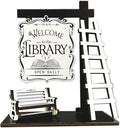 Welcome to the Library Sign Miniature Signpost Self-standing Kit, Mini Booknook Sign with ladder and Bench Scene Display, Bookcase Accessories Decor Gift for Book-themed Club Book Lover