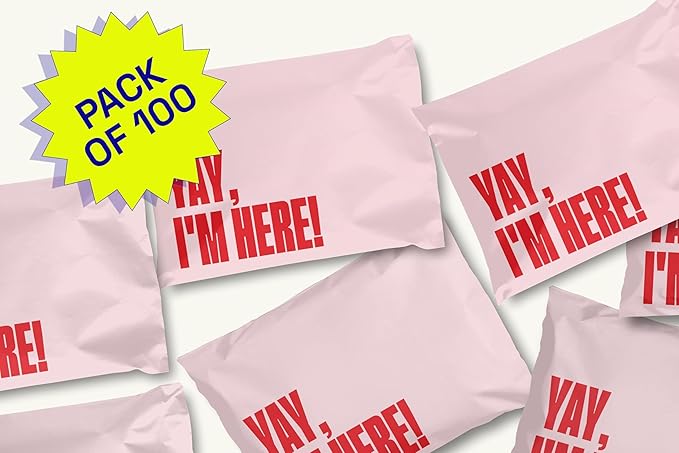 Poly Mailers 10x13 – 100 Pack – Cute Printed Recyclable Shipping Envelopes for Small Business Packaging, Self Sealing Mailing Bags – Yay I’m Here Pink/Red Design