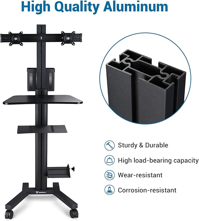 Yescom Mobile Computer Cart on Wheels Rolling PC Stand Desk Work Station Dual Monitor Mount Adjustable Keyboard Tray CPU Printer Holder for Lab Warehouse Black