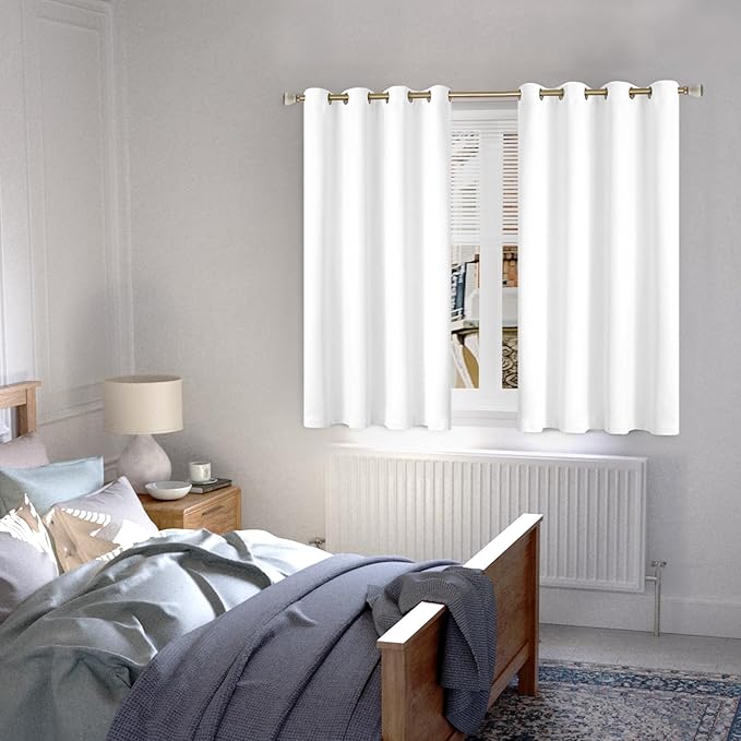 Short Blackout Curtains for Bedroom 45 Inch Length 2 Panels Set, Thermal Insulated Sun Blocking Soundproof Grommet Window Curtains with Thick Black Liner, Each 52 Inch Wide, Pure White