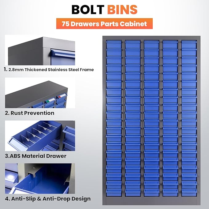 75-Drawer - Nut and Bolt Organizer | Stainless Steel Part Storage Cabinet | Shelves & Labels | Each Drawer 3.9" D x 7.8W x 2" H | Durable Hardware Storage for Small Parts/Tool (Classroom, Home)