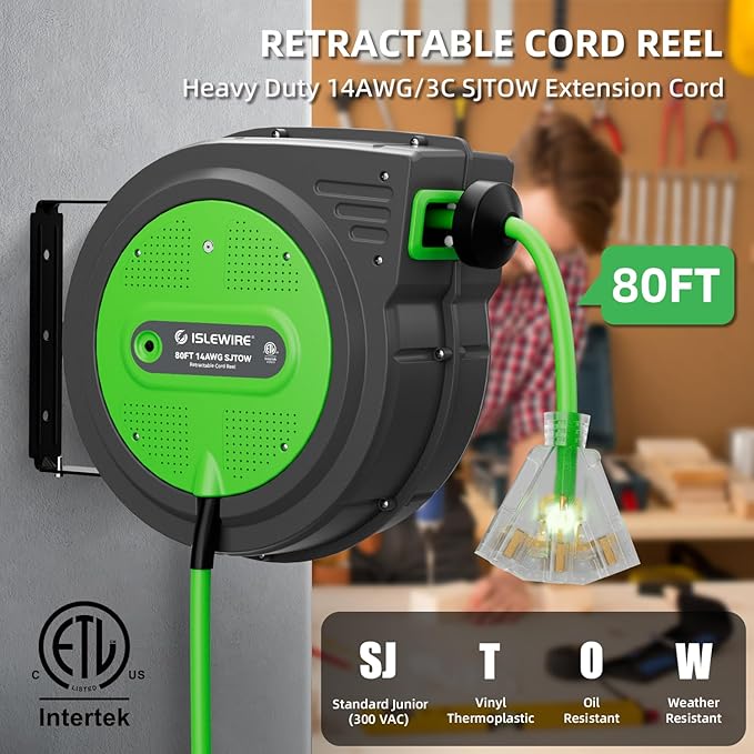 80FT Retractable Extension Cord Reel, 14 AWG/3C SJTOW Heavy Duty Power Cord with Lighted Triple Outlet, 13A Circuit Breaker, 180° Swivel Wall/Ceiling Mount Retractable Cord Reel, ETL Listed, Green