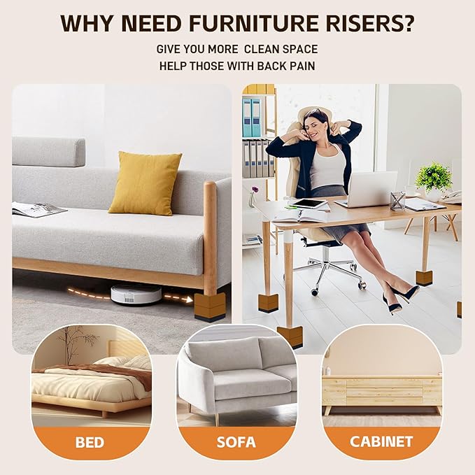 Bed Risers, Furniture Raise Blocks, 3 inch Stilts Heavy Duty for Bed Couch Desk Sofa Table Lifts, Furniture Legs Lifters Support up to 1300 Lbs (Brown, 4 Pack Set)