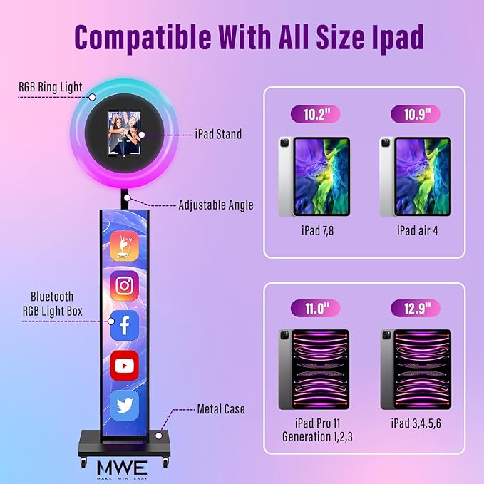 JIYANG Portable Photo Booth Compatible with Any Ipad,Photo Booth Stand Shell with ChackTok PhotoBooth VIP Member and Flight Case,Free Custom Logo,Perfect for Parties,Wedding and Events(Black)