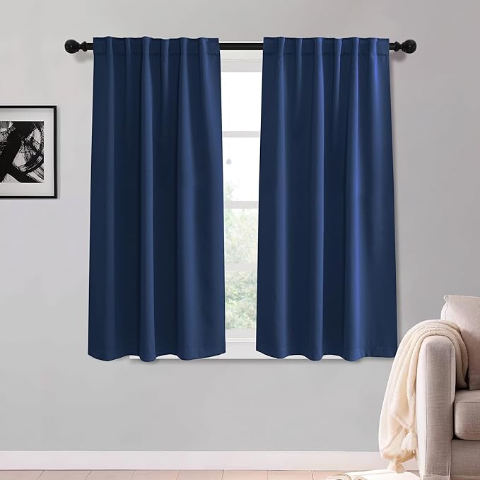 KGORGE Black Out Curtains 54 inch Long for Bedroom, Thermal Insulated Room Darkening Noise Reducing Curtains for Living Room Nursery, Back Tab Rod Pocket, W52 x L54 inches, Blue, 2 Panels