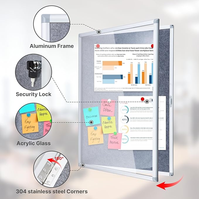 Enclosed Bulletin Board 38x28 Inch Outdoor Notice Board Tamper-Proof Flannel Lockable Display Cases with Aluminum Frame, All Weather Pinboard for Hospital, Restaurant Kitchen, Office