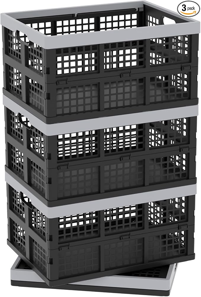 30L Large Plastic Folding Storage Crates, Collapsible Crates for Storage, Pack of 3 (Black)