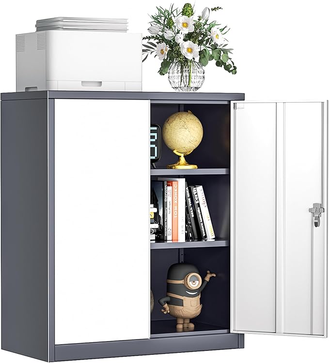 INTERGREAT Metal Garage Storage Cabinet, 36" Lockable Storage Cabinet with 2 Doors and 2 Adjustable Shelves, Steel Grey White File Cabinet Great for Home Office, Garage, Warehouse, Study Room