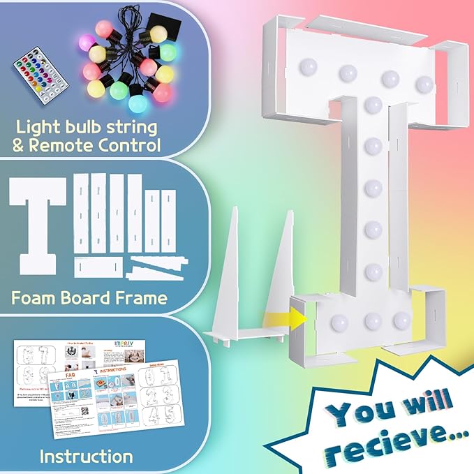 imprsv 4FT Colorful Marquee Letters T, 18 Colors Large Light up Letters Alphabet Sign with Remote, Large Marry Me Sign, Birthday Party Decorations Anniversary Wedding Decoration