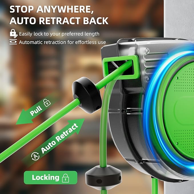 80FT Retractable Extension Cord Reel, 14 AWG/3C SJTOW Heavy Duty Power Cord with Lighted Triple Outlet, 13A Circuit Breaker, 180° Swivel Wall/Ceiling Mount Retractable Cord Reel, ETL Listed, Green