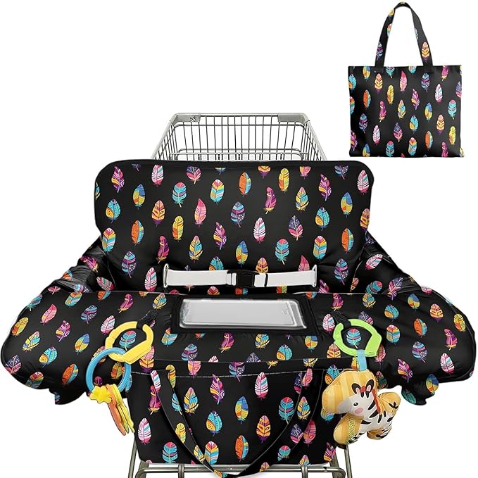Shopping Cart Cover for Baby 2-in-1 High Chair Cover with Safety Harness Multifunctional Indian Colorful Feathers Cart Covers for Babies Soft Padded Grocery Cart Cover for Baby Boy Girl