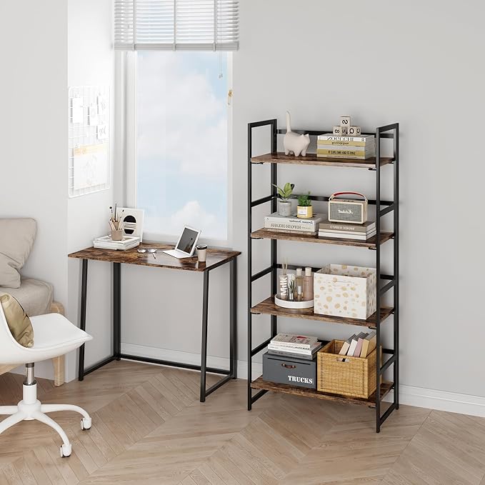 BHG Vintage Multifunctional Folding Bookshelf, No-Assembly Plant Stand Storage Rack Shelves for Home Office (Fire, 4-Tier)