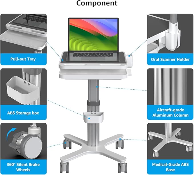 Dental Clinic Trolley Cart with Oral Scanner Holder,Hospital Mobile Workstation with Laptop Tray and Silent Wheels, for Office School Salon Lab etc.