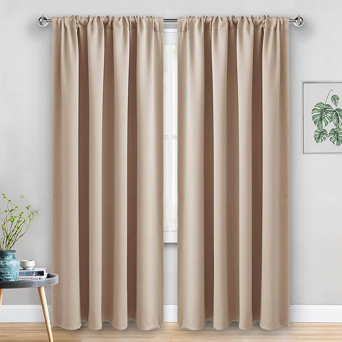 JIUZHEN Blackout Curtains for Bedroom - Thermal Insulated Room Darkening Rod Pocket Curtains for Living Room, Set of 2 Panels with Tiebacks, 52 x 96 Inch Length, Beige