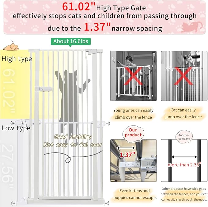 Lumizone Extra Tall Cat Gate 61.02" High Pressure Mounted Extra Wide 2025 New (17 Sizes) 1.37" Gap No Drilling Auto-Close One-Handed Operation Tall Pet Gate for Dogs(White, 61.02" H x 42.52"-46.64" W)