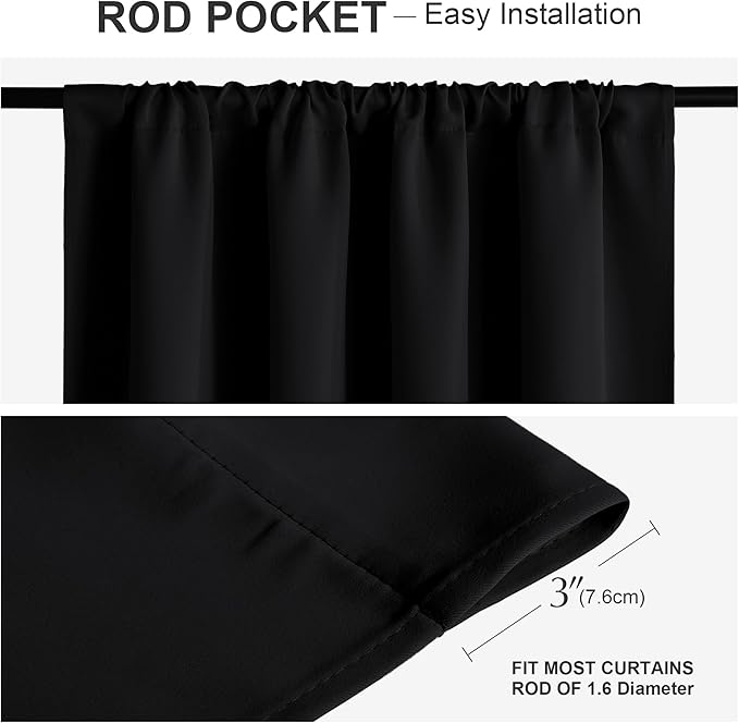 PONY DANCE Bedroom Drapes Set - Blackout Curtains All Season Solid Rod Pocket Top Curtain Panels/Thermal Insulated Draperies Window Treatments, W 42 by L 63 inches, Black, 1 Pair