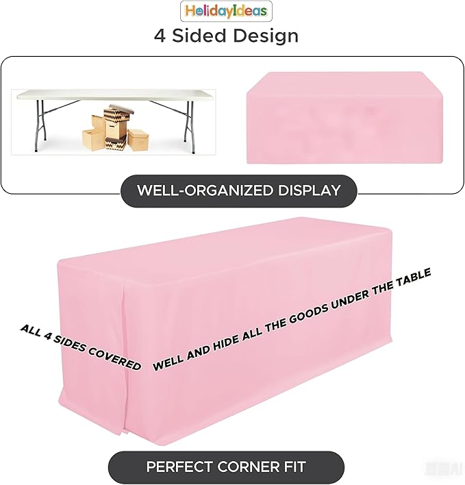 HolidayIdeas Fitted Tablecloths for 6 Foot Rectangle Table, Wrinkle Resistant Washable Table Cover 30x72 Inch for Vendor Booth Display, Banquet, Trade Show, Pink, 4 Pcs