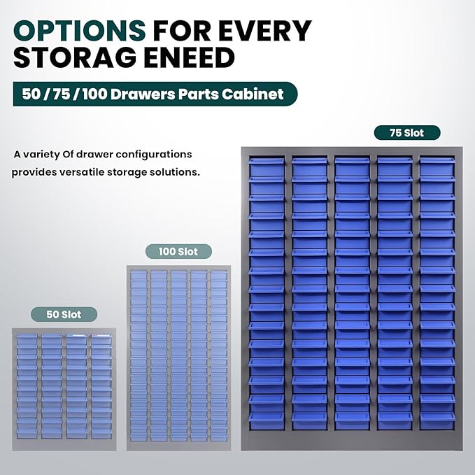 75-Drawer Parts Cabinet with Labels & Dividers, ABS Non-Slip Drawers & Steel Frame, Nut Bolt Screw Tool Organizer for Workshop, Garage, Craft, Toy & Accessory Storage