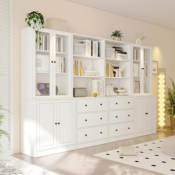 TUSY 71" H Bookshelf Bookcase with Doors, 3-Tier Modern Bookshelves with 3 Large Drawer, Display Bookcase with Glass Doors, Modern 5-Tier Curio Cabinet for Home Office, Dining Room (White, ABBA)