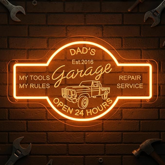 Personalized Garage Neon Sign, Custom 3D Engraved Name Garage LED Sign with Remote Control, Customized Mechanic Garage Sign for Autoshop, Workshop, Man Cave, Gift for Dad Men