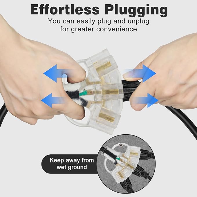 2FT 2 Pack 12 Gauge 3 Outlet Outdoor Extension Cord 12/3 Heavy Duty SJTW Power Cord 3 Way Waterproof Power Cable 3 Prong Grounded with Light 12AWG 15Amp 1875W ETL Listed