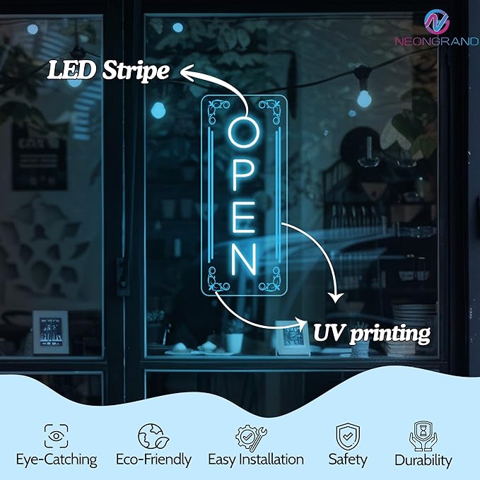 Vertical LED Open Signs for business – Super Bright - UV Printing Pattern, Remote Included - Large Size 20x50'' - Neon Open Sign for Café, Bar, Shop & Business Sign (Ice Blue)