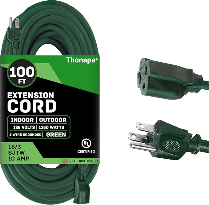 Weatherproof Outdoor Extension Cord 100 ft, 16/3 SJTW 100ft Green Extension Cord 3 Prong, Long Exterior for Outdoor Lights & Landscaping, UL Certified - US Veteran Owned