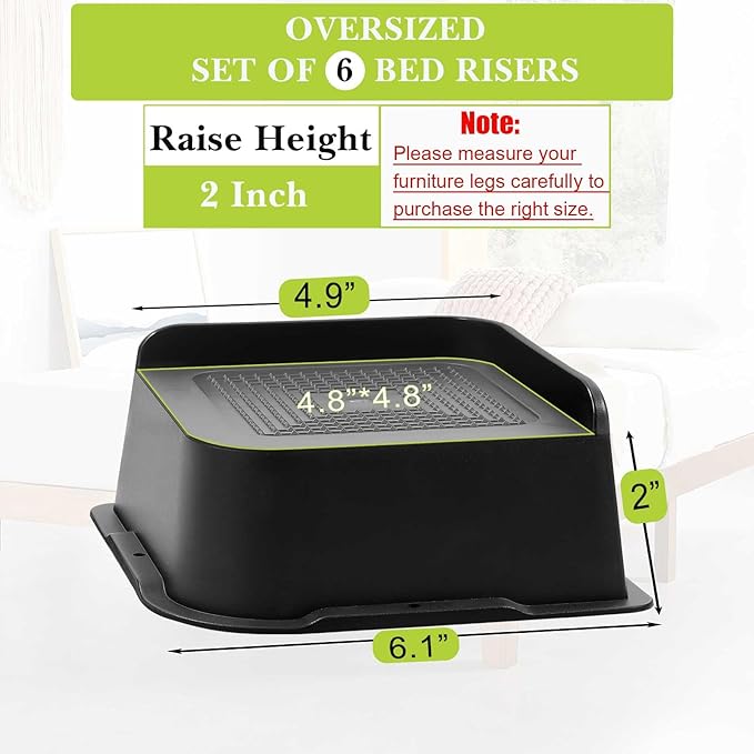 Bed Risers 1 inch, 2 inch, 3 inch, 4 inch, 6 inch, 8 inch Heavy Duty, Oversized Furniture Riser for Couch Sofa Table Chair Leg Frame Dorm, Support up to 6000 Lbs (Black 6 Pack, 2 inch)