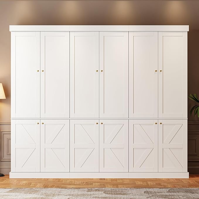 70.8" Tall Farmhouse Kitchen Pantry Cabinet with Doors, Modular Wooden Storage Hutch with 4-Tier Adjustable Shelves, White Buffet Cabinet for Kitchen and Living Room, Set of 3