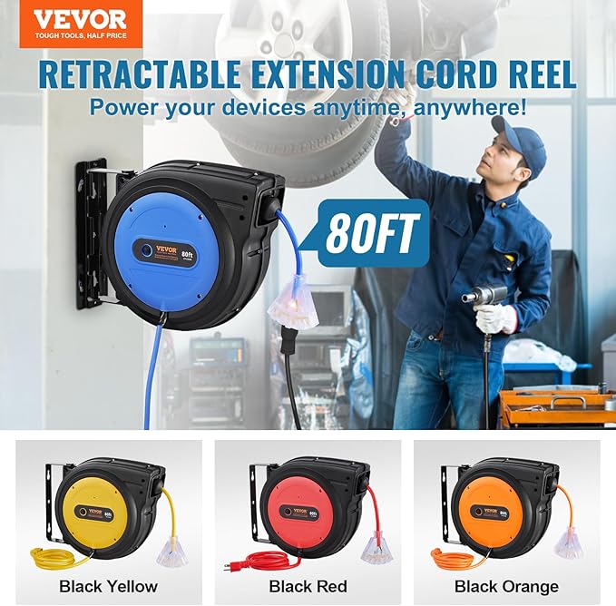 VEVOR 80FT Retractable Extension Cord Reel, 12AWG/3C SJTOW Heavy Duty Power Cord w/Lighted Electrical Triple Tap Outlets, 15A Circuit Breaker,180° Swivel Bracket for Workshop or Garage, Blue
