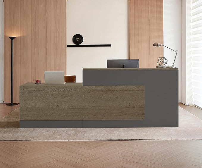 Modern L-Shaped Reception Desk with Counter - 79 inch Front Desk Reception Counter with Open Shelves, Lockable Drawer & Keyboard Tray for Office, Lobby, Checkout (Tobacco Wood + Iron Gray - Right)