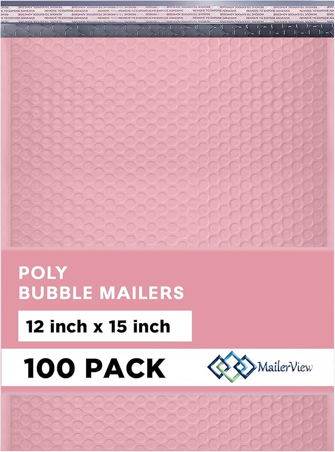 Light Pink Large Poly Bubble Mailers 12x15 inch | Self Seal Padded Envelopes Cushioned Bubble Mailer | Usable Size 12x15 | WaterProof | Lightweight mailing Shipping Bags | 100 Pack Bulk