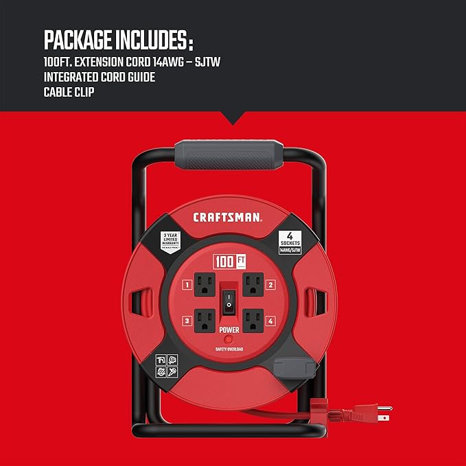 CRAFTSMAN 100 Ft. Retractable Extension Cord Reel With 4 Outlets & Heavy Duty 14AWG SJTW Cable
