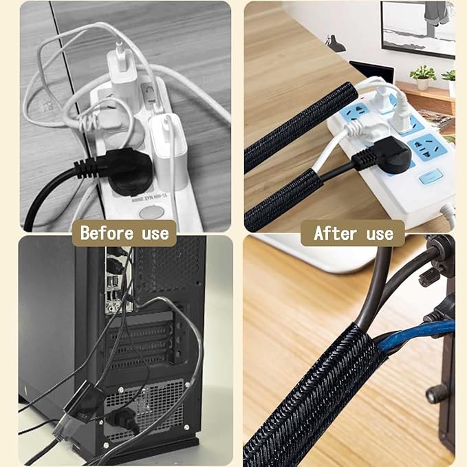 13 1/8ft -5/8Inch Cable Management Sleeve Split Black Cord Protectors Cat Dog Pet Proof - Braided Self-Closing Wire Loom Tubing for Desk PC/TV/Computer/Home Theater/Engine Bay Wire Organizing