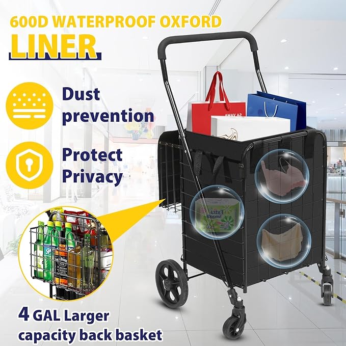 Siffler Collapsible Shopping Cart with Double Basket & Waterproof Liner - Grocery, Laundry & Travel Foldable Cart, 360° Swiveling Wheels, Medium Size with Carry Bag
