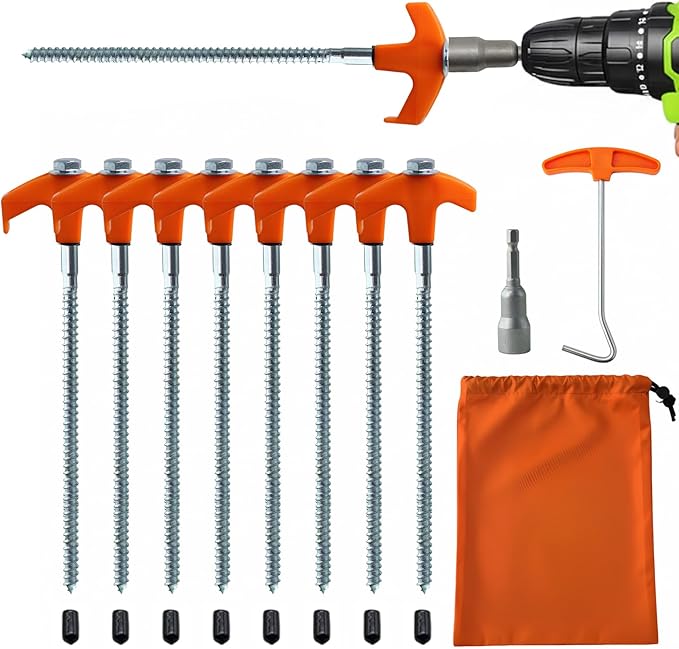 Screw in Tent Stakes Heavy Duty,8 Inch Ground Anchors Screw in,Metal Stakes with Hex Head Driver,Camping Tent Accessories (8, Orange)
