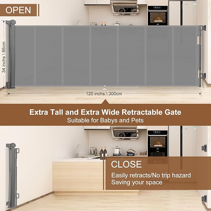120 inch Retractable Baby Gates 34 inch Tall, Retractable Gate with Reinforced Strip Design to Prevent Crawling Through, 10 FT Extra Wide Retractable Dog Gate for Indoor/Outdoor