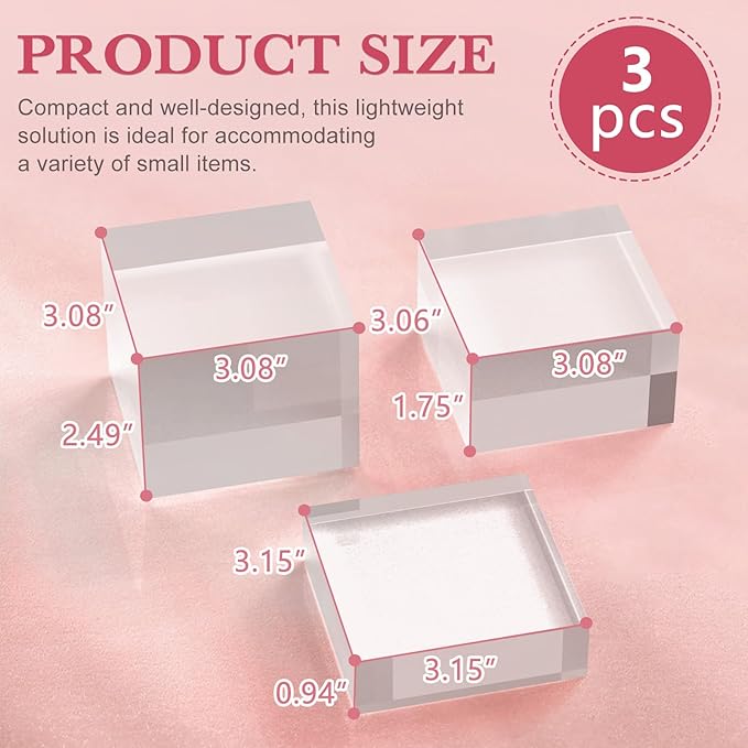 Acrylic Base Stand 3 Pack 3 X 3 Inch Acrylic Blocks for Display Trophy Base Clear Square Cube Riser Display Cylinder Pedestal Stands for Collectibles Jewelry Props Food Display 3 Size