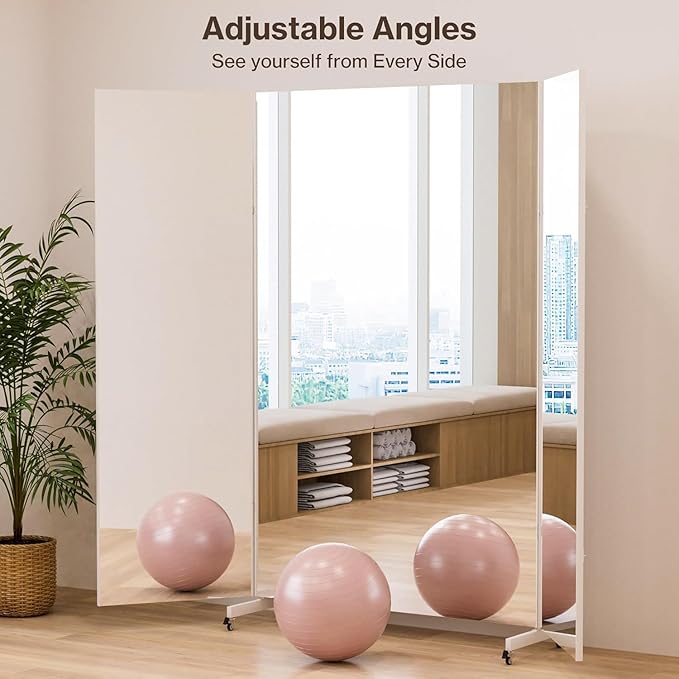 Full Length Stand Up Mirror on Wheels,63''×67'',Large Tri-Fold Floor Mirror with Stand,Movable 3-Way Full Length Standing Mirror for Gym, Dance Studio, Fitness Room, and Home (White)