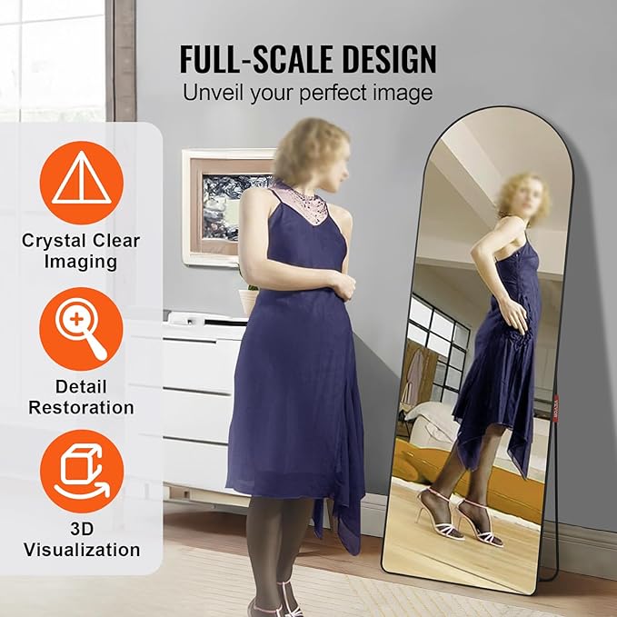 VEVOR Arched Full Length Mirror, 65'' x 22'', Large Free Standing Leaning Hanging Wall Mounted Floor Mirror with Stand Aluminum Alloy Frame, Full Body Dressing Mirror for Living Room Bedroom, Black