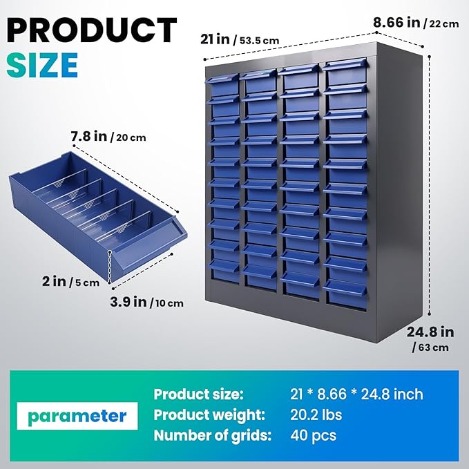40-Drawer - Nut and Bolt Organizer | Stainless Steel Part Storage Cabinet | Shelves & Labels | Each Drawer 3.9" D x 7.8W x 2" H | Durable Hardware Storage for Small Parts/Tool (Classroom, Home)