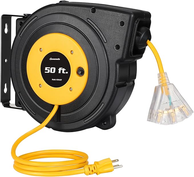 DEWENWILS Retractable Extension Cord Reel, 50FT Power Cord Reel with 14AWG/3C SJTOW, 13A Circuit Breaker, Wall/Ceiling Mounted, 3-Lighted Triple Outlets for Garage, Workshop, UL Listed, Yellow